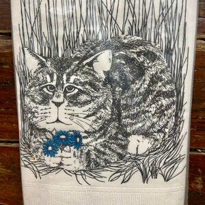 Vintage Cost Plus Party Dinner Paper Napkins Cat Holding Blue Flowers